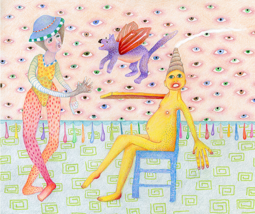 The New Pet 10 x 12 Coloured Pencil, Marker on Paper SOLD
