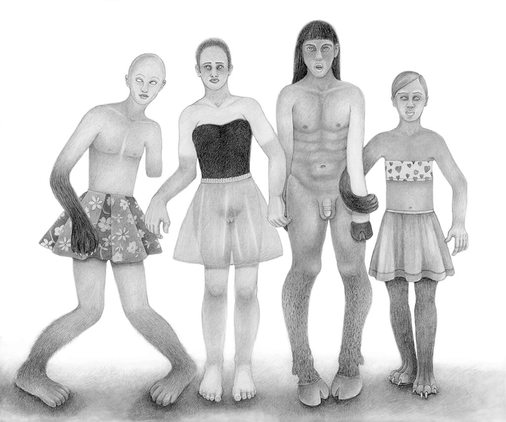 Four Friends, Three Skirts 11 x 13 Graphite on Paper $ 1450