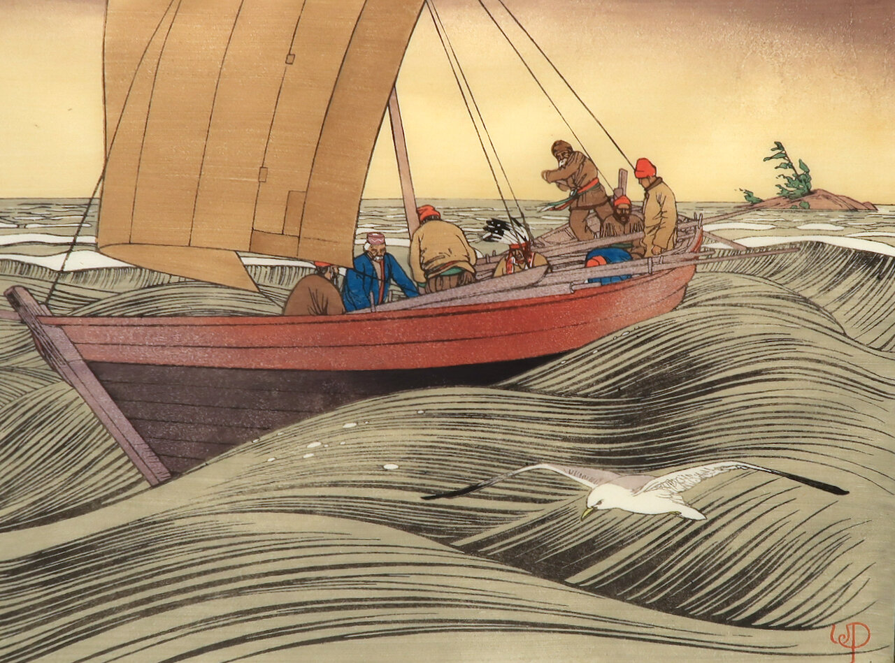 W.J. Phillips York Boats on Lake Winnipeg 10.25 x 13.75 Woodcut, 2/150 1930 SOLD