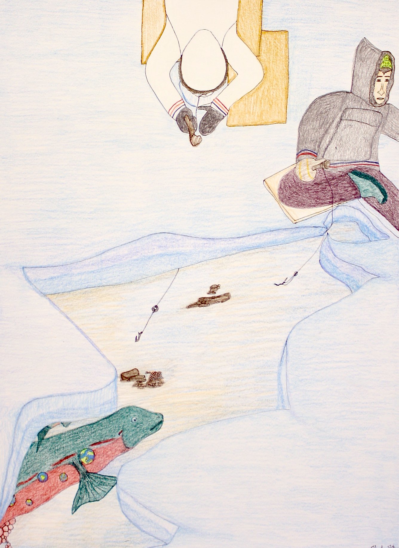 Shuvinai Ashoona Untitled - Two People Salmon Fishing 30 x 23 Coloured Pencil and Ink SOLD 148-2117