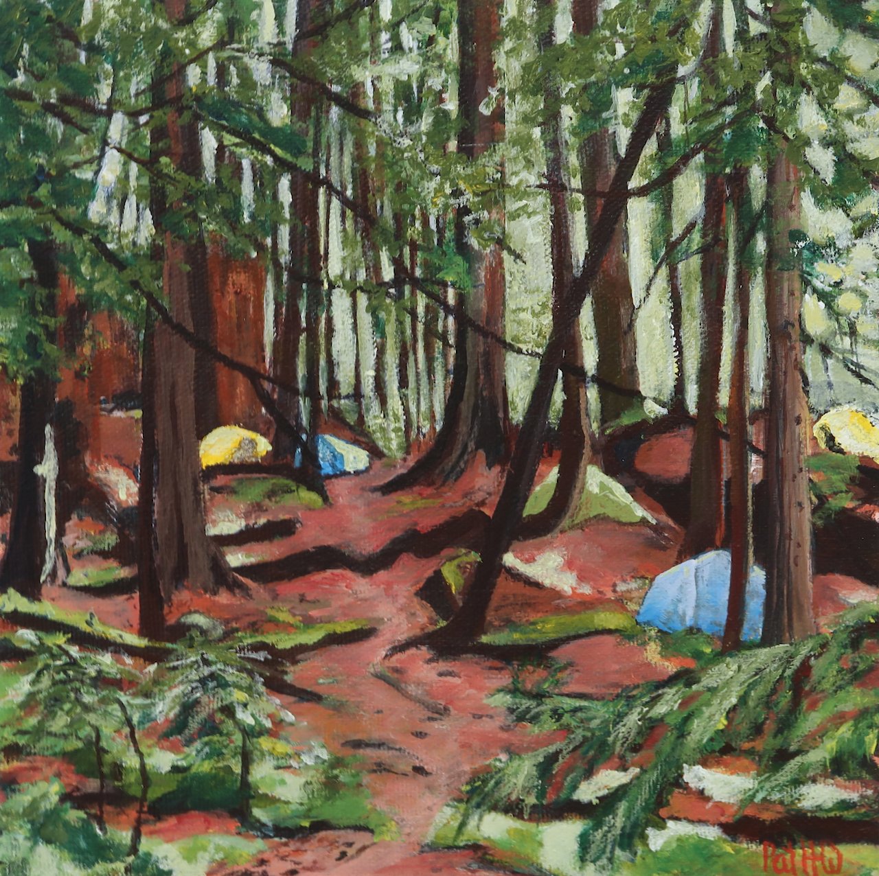 Camping in the Trees 8 x 8 Acrylic on Canvas $ 400