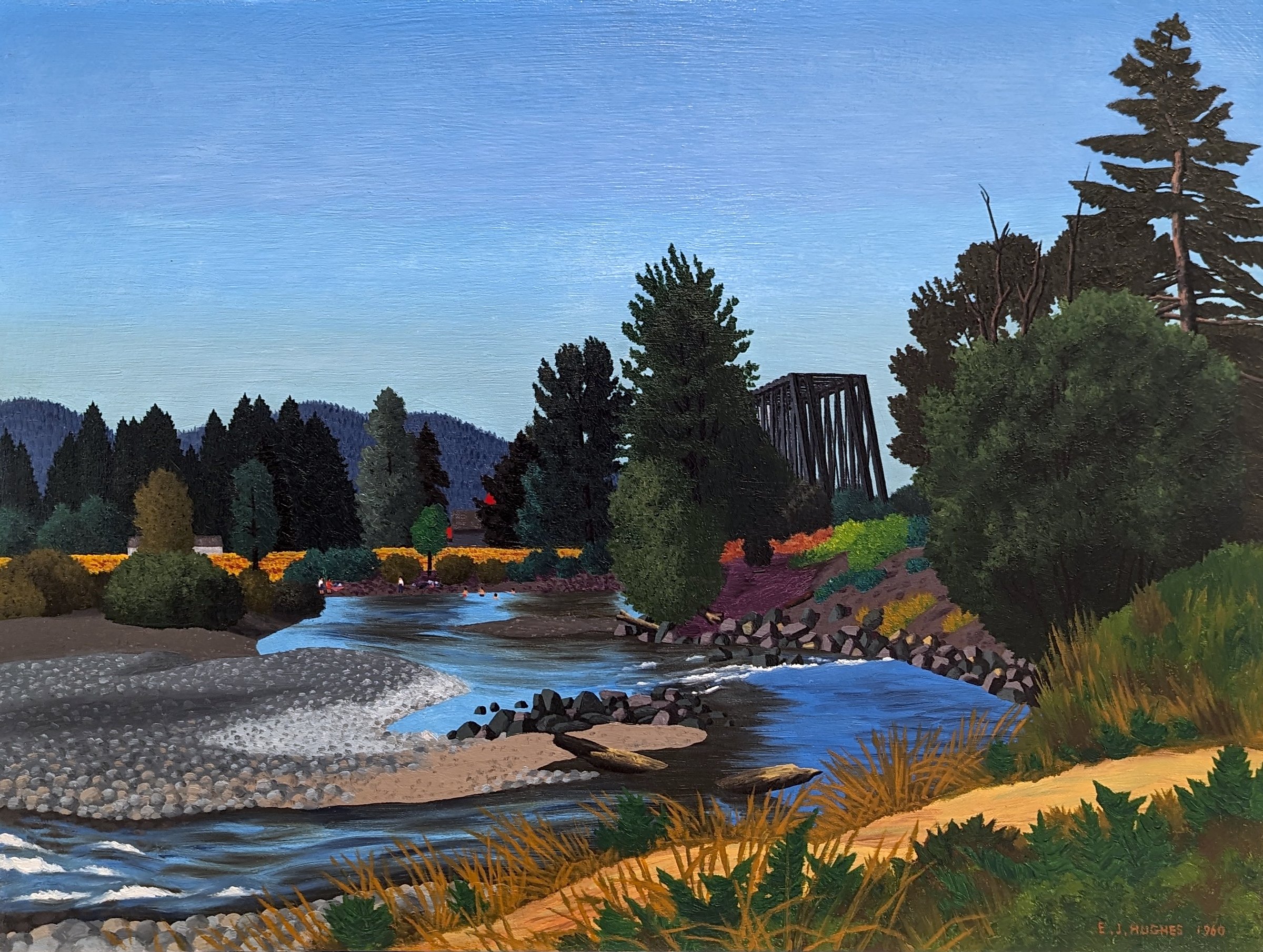 E.J. Hughes Black Bridge at Duncan 18 x 24 Oil on Board 1960