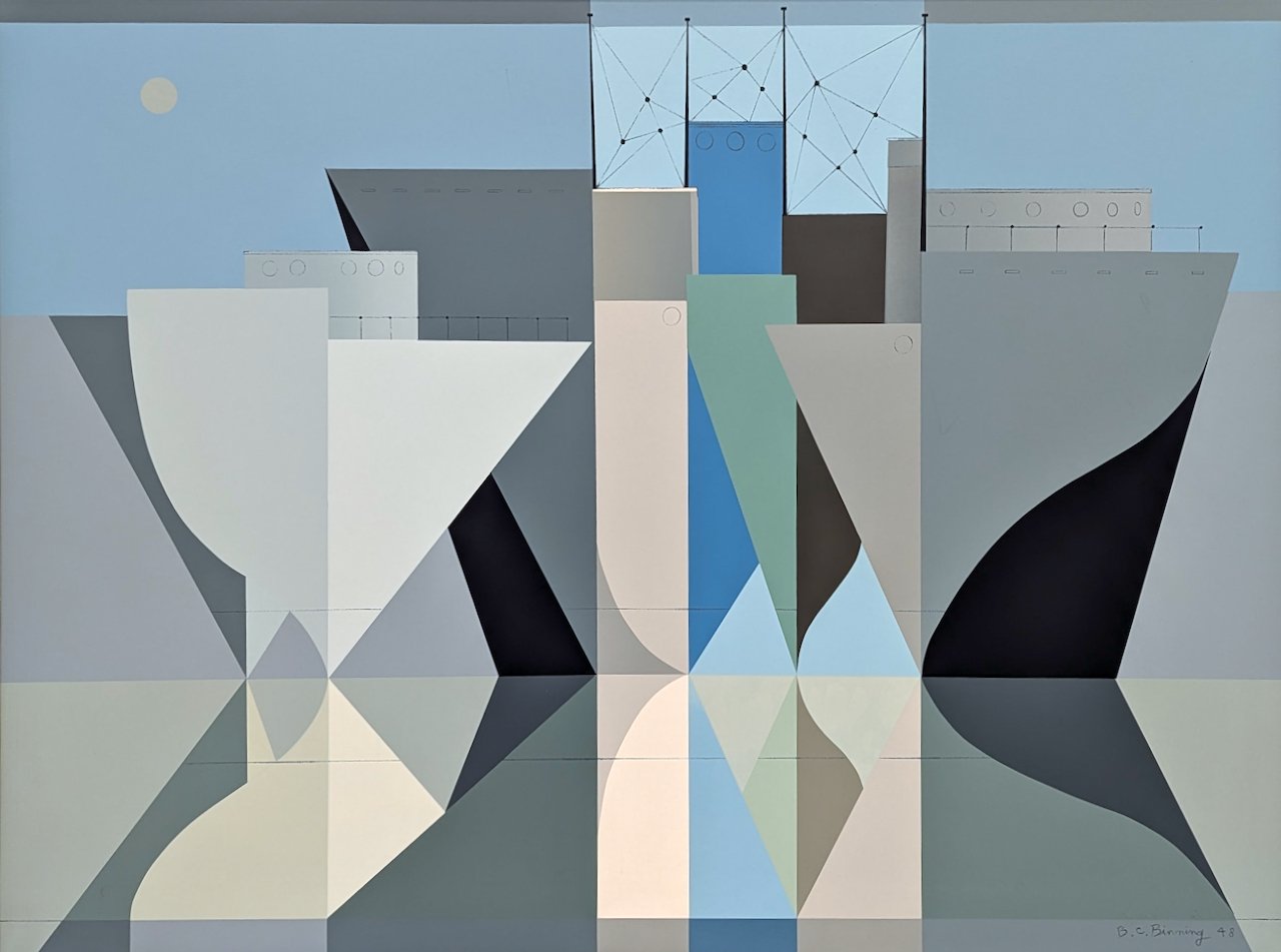 B.C. Binning Ships in a Classical Calm 30 x 40 Silkscreen 1948 SOLD