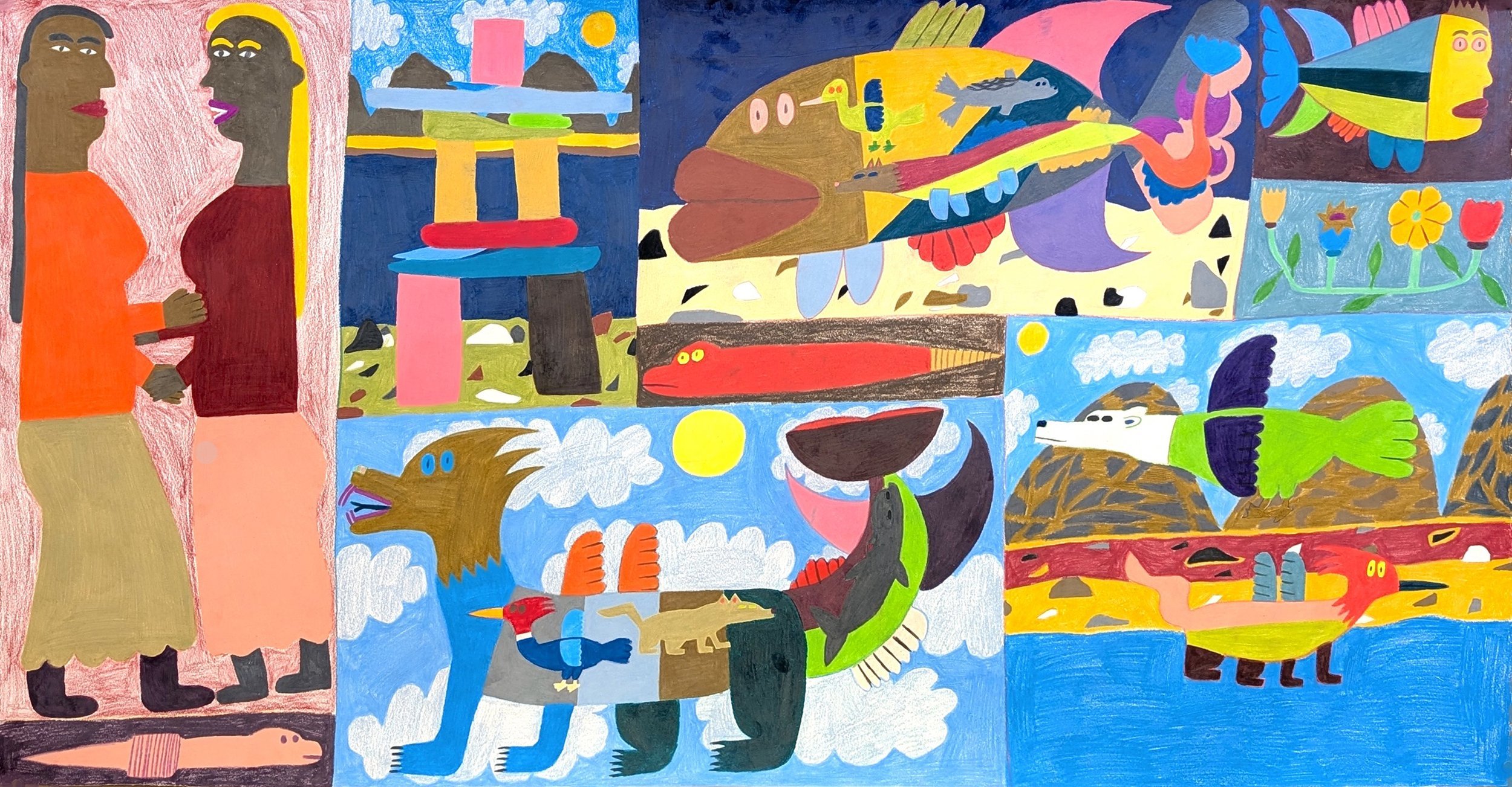 Pitseolak Qimirpik Untitled (Figures with Inukshuk) 26 x 50 Coloured Pencil, Ink # 244-0219 $ 2075