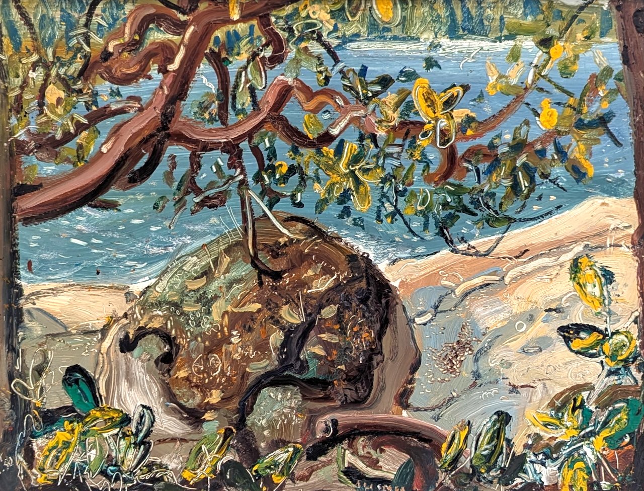 Arthur Lismer Arbutus Tree, Shoreline. B.C. 12 x 15.5 Oil on Board 1950