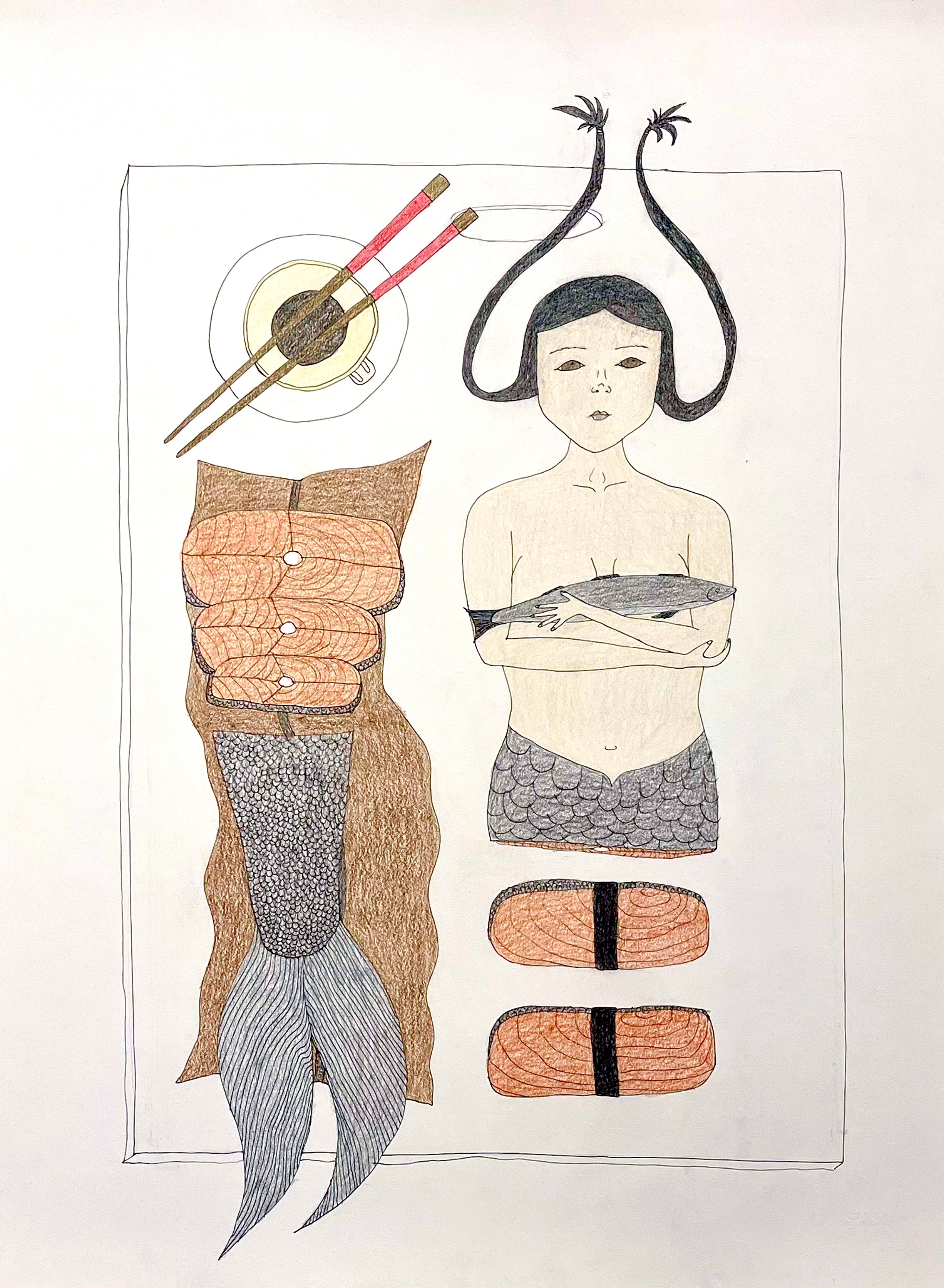 Sushi 30 x 22.5 Ink, Pastel and Pencil Crayon # 227-0136 $ 1000