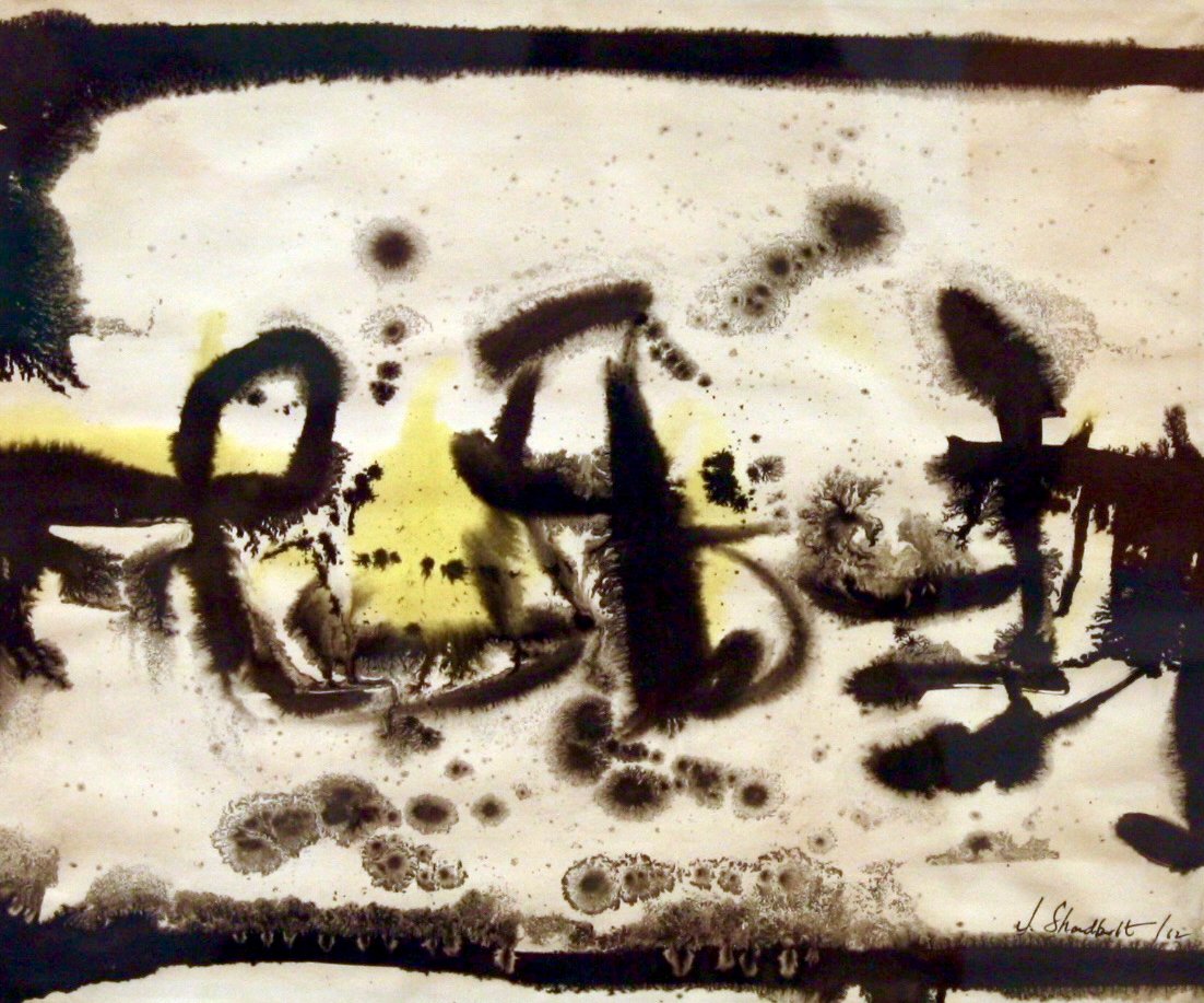Jack Shadbolt Untitled, (Calligraphy with Yellow) 14 x 18.5 Ink, Watercolour on Paper 1962