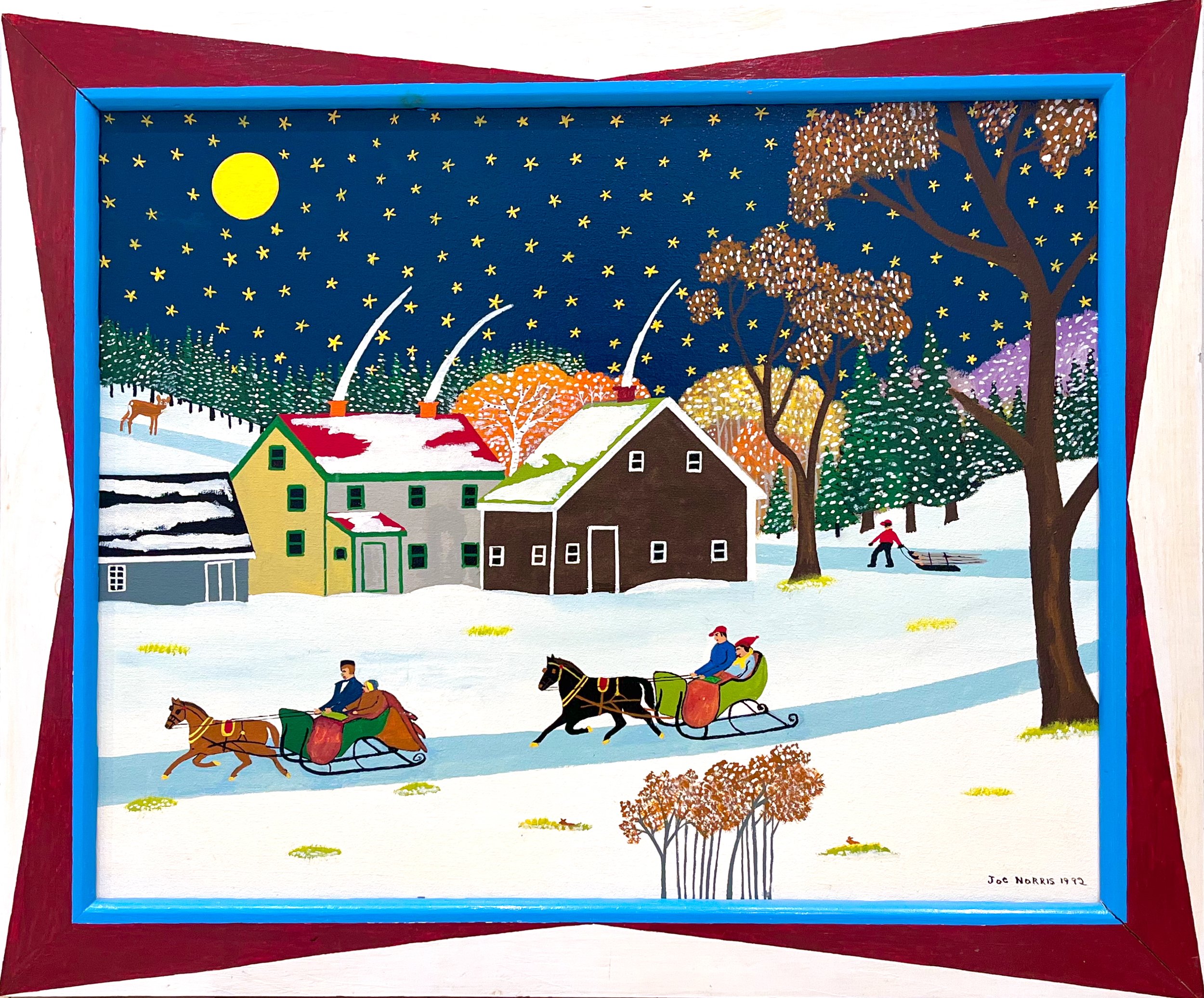 Joe Norris Sleigh Ride in the Moonlight 24 × 30 Enamel on Board 1992 SOLD