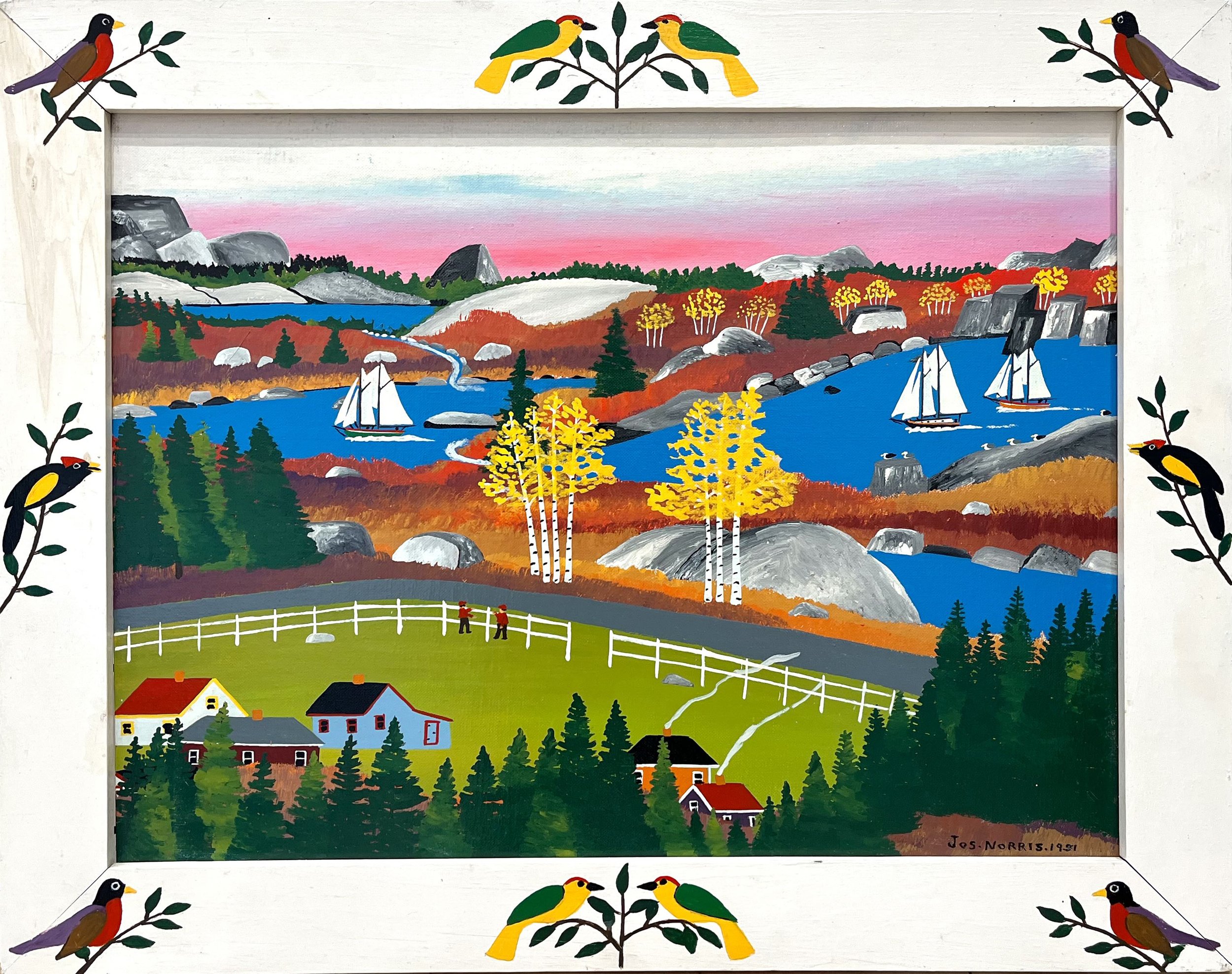 Joe Norris Farm and Schooners 18 × 24 Enamel on Board 1981 SOLD