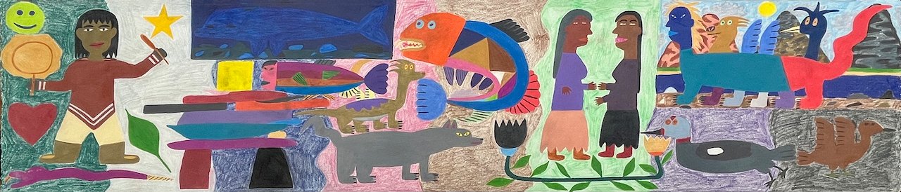 Composition Media Figure, Half + Half Spirits, Animal, Mammal and Bird Mammal Man Transformation, and Inukshuk 11.5 x 50.125 Coloured Pencil $2250