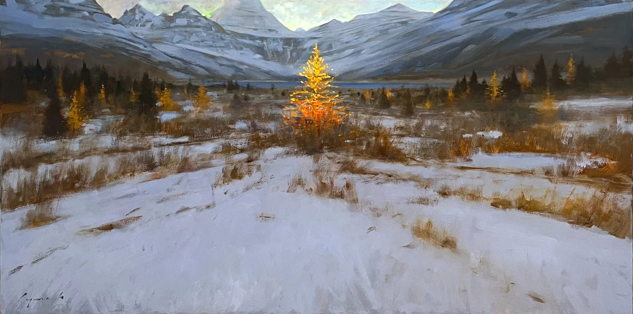 Assiniboine Larch - Early Snow 30 × 60 Oil on Canvas $ 10,750