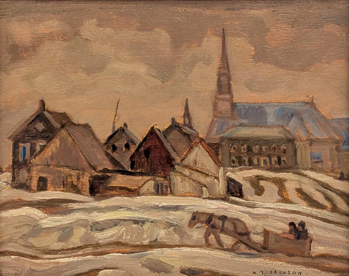  A.Y Jackson	 A Quebec Village	 8.5 x 10.5 Oil on Board  c. 1928 