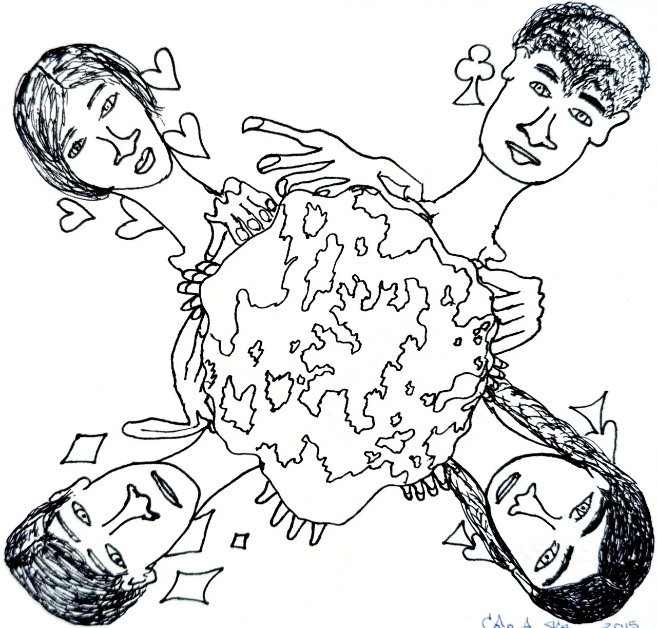  Untitled  (Four Figures Around Globe) 7 × 7.25 Ink on Paper #148-1922 2015 SOLD 