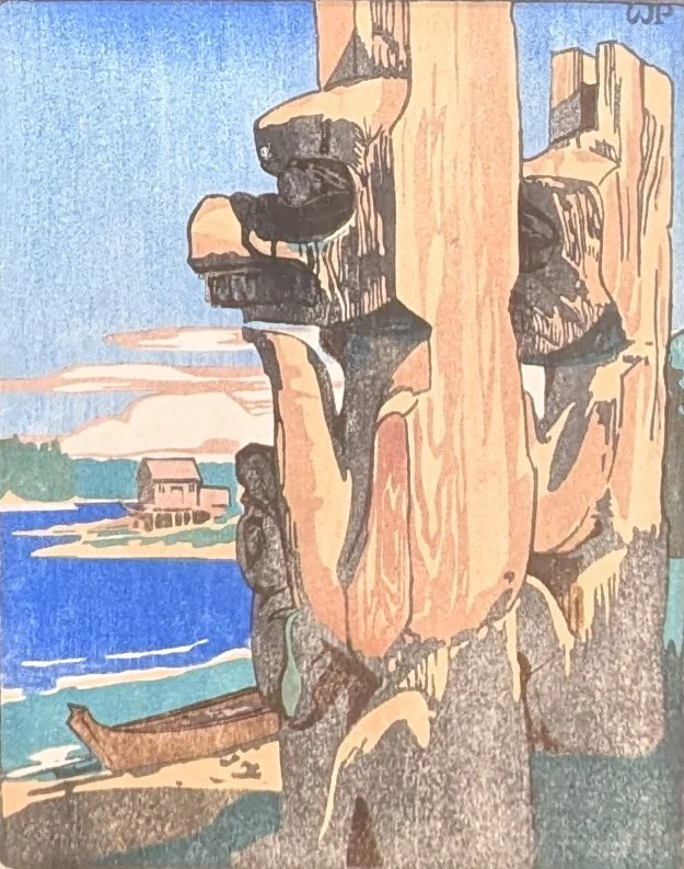  Siwash House Posts -Tsatsisnukomi, BC 8 x 6.5 Woodcut 1928 SOLD 