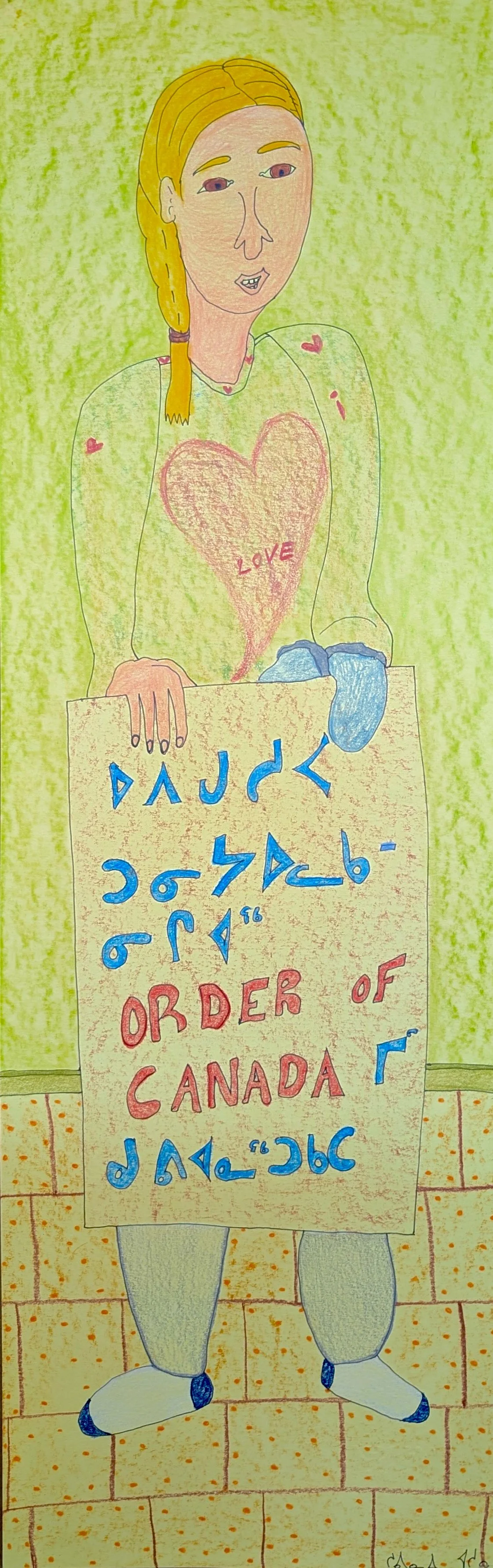  Untitled (Girl with Sign) 25 × 8 Coloured Pencil, Ink #148-316 2025 $1850 