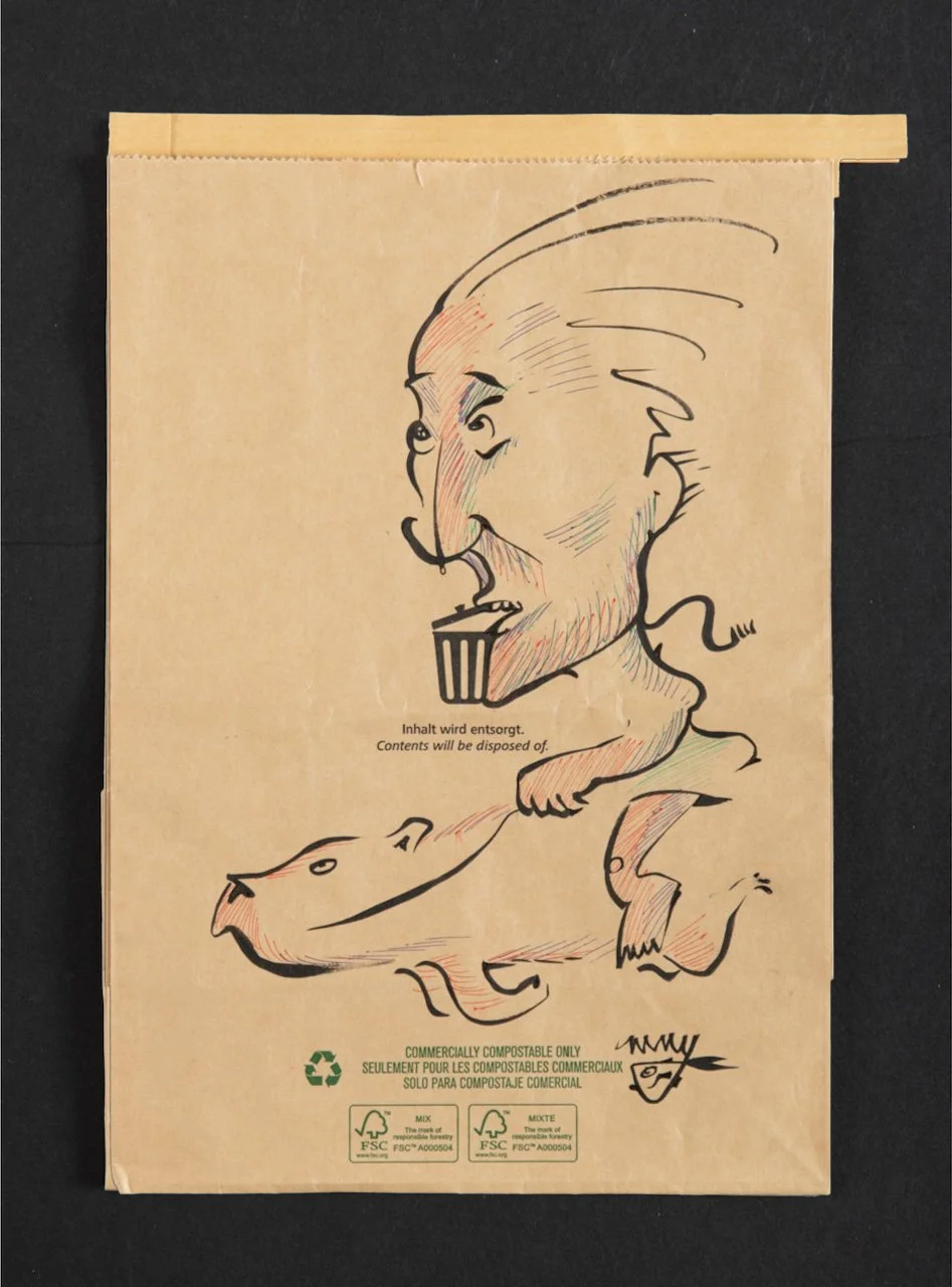  Spuckbeutel 2 12.2 x 8.2  Graphite and pen sketches on brown paper transit bag  Inquire for Pricing  