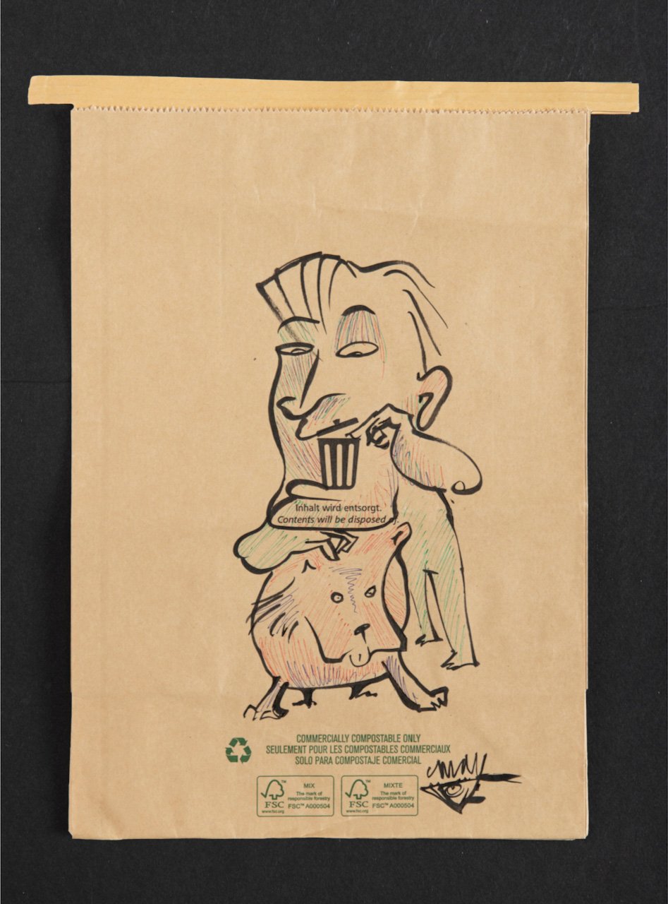  Spuckbeutel 3 12.2 x 8.2  Graphite and pen sketches on brown paper transit bag  Inquire for Pricing  