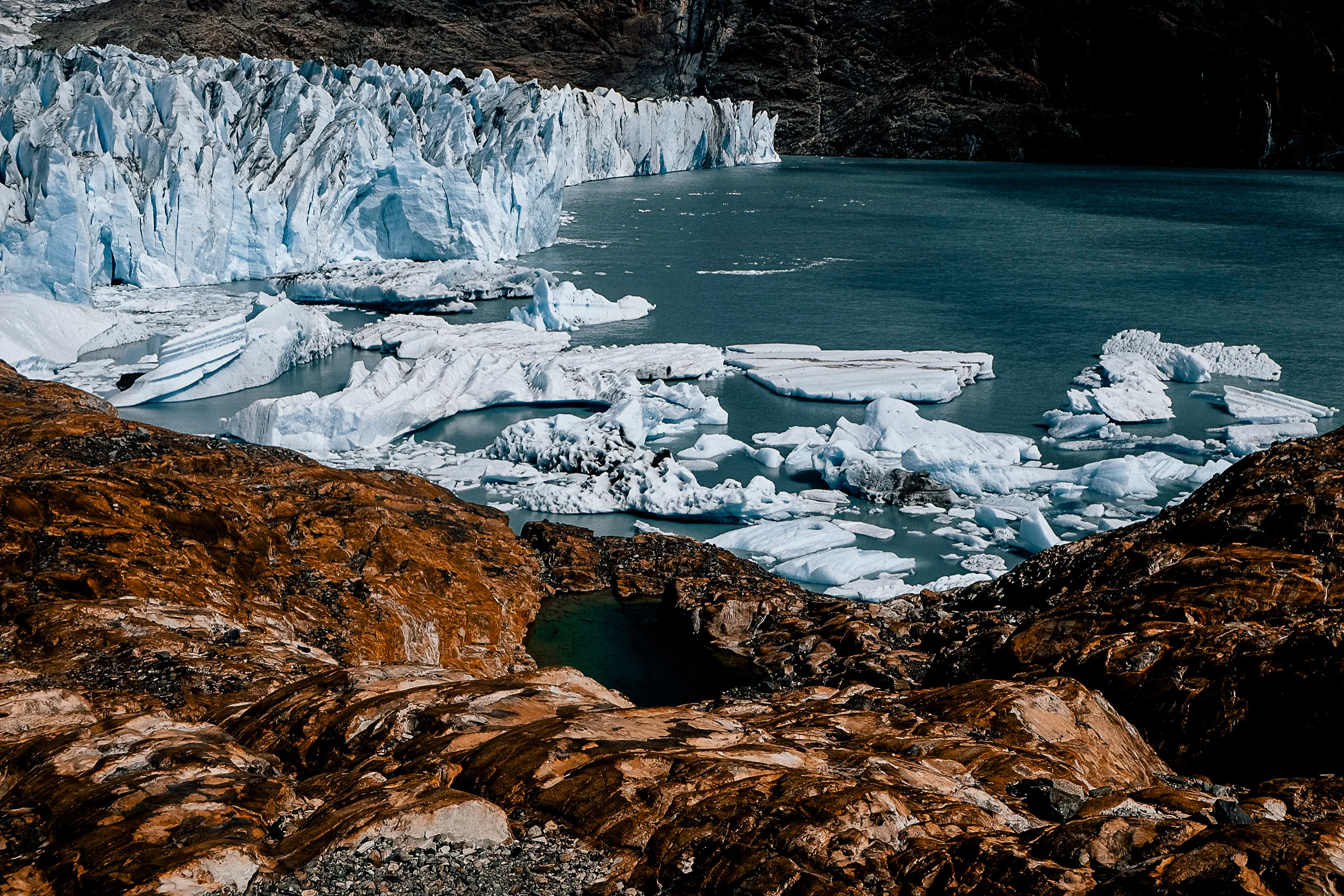 From where we docked and the beginning of our trek, the glacier fields meets lago Viedma. 