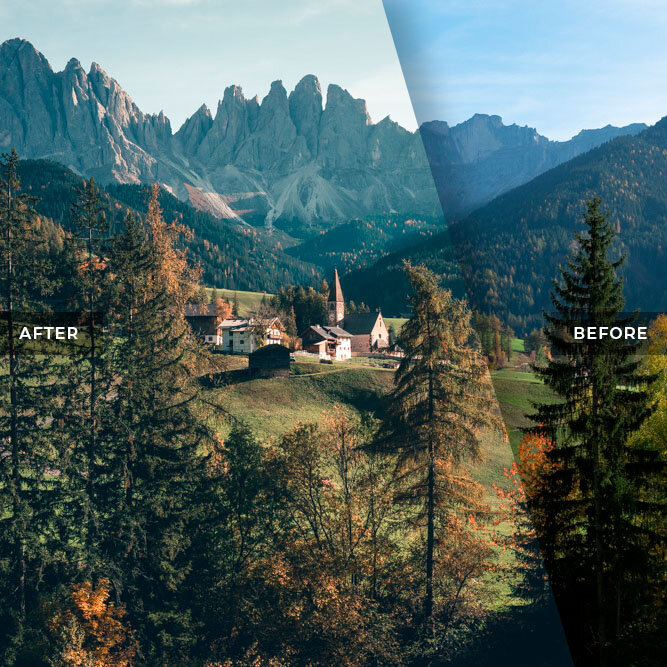 Small Church in Dolomites with Trees and Mountains