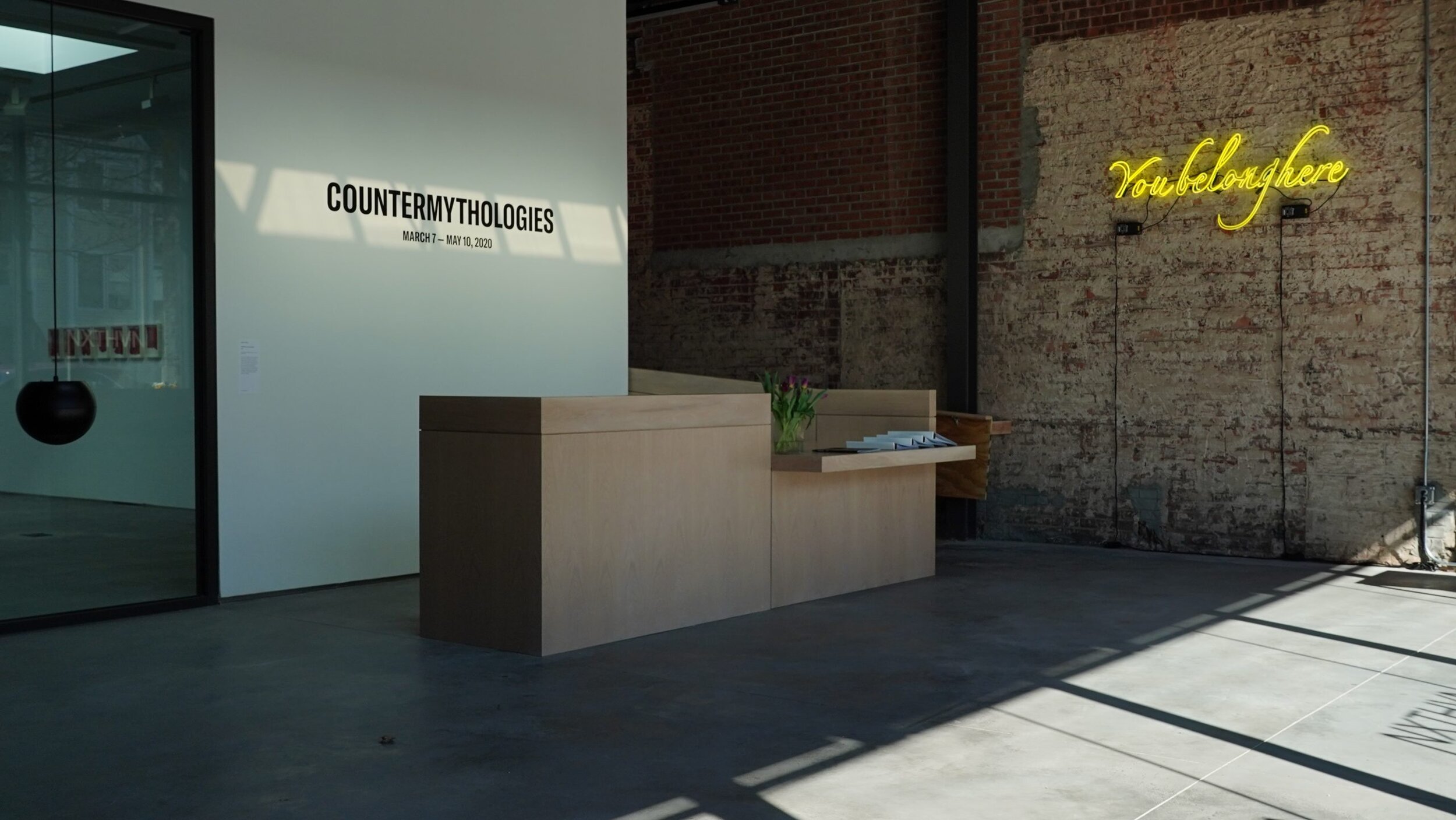   Installation view of Jesse Chun’s  voiceless consonants ,  2018 and  Tavares Strachan’s  You Belong Here (Yellow) ,  2013   