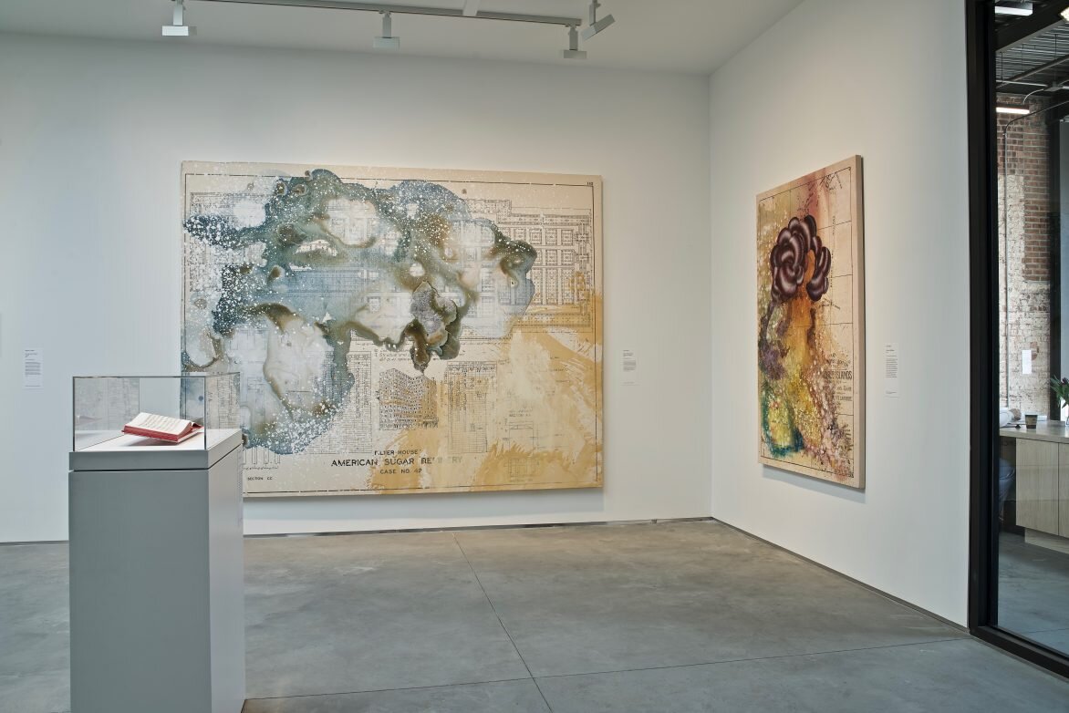   Installation view of Bethany Colliins’   America: A Hymnal , 2017;  Firelei Baez’s  living monuments in historical chapters , 2018 and  Chrono-DREAMer,  2019  