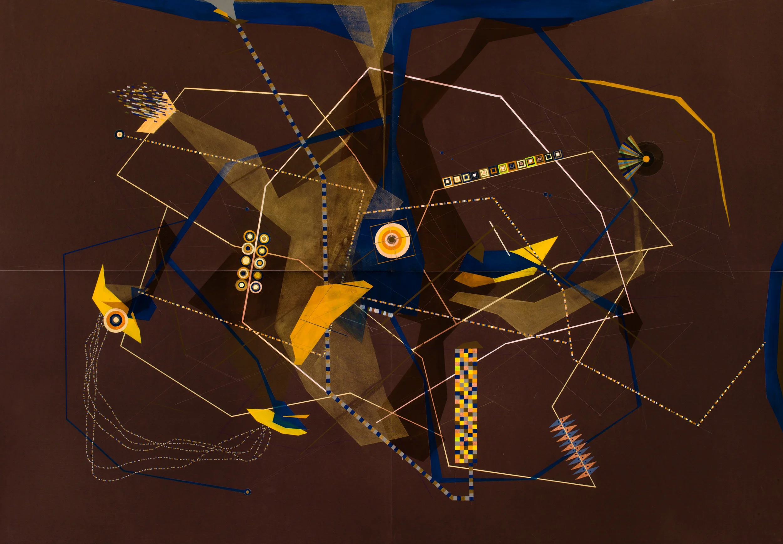 Chouenine: Chocolate Constructivist Layered City with Ochre Exhaust System and Garden Escape Routing with Circle Habitats and Magnetic Results - 2013 - Gouache, ink, colored pencil, graphite, and pastel on Fabriano Murillo paper - 55 x 79 in.