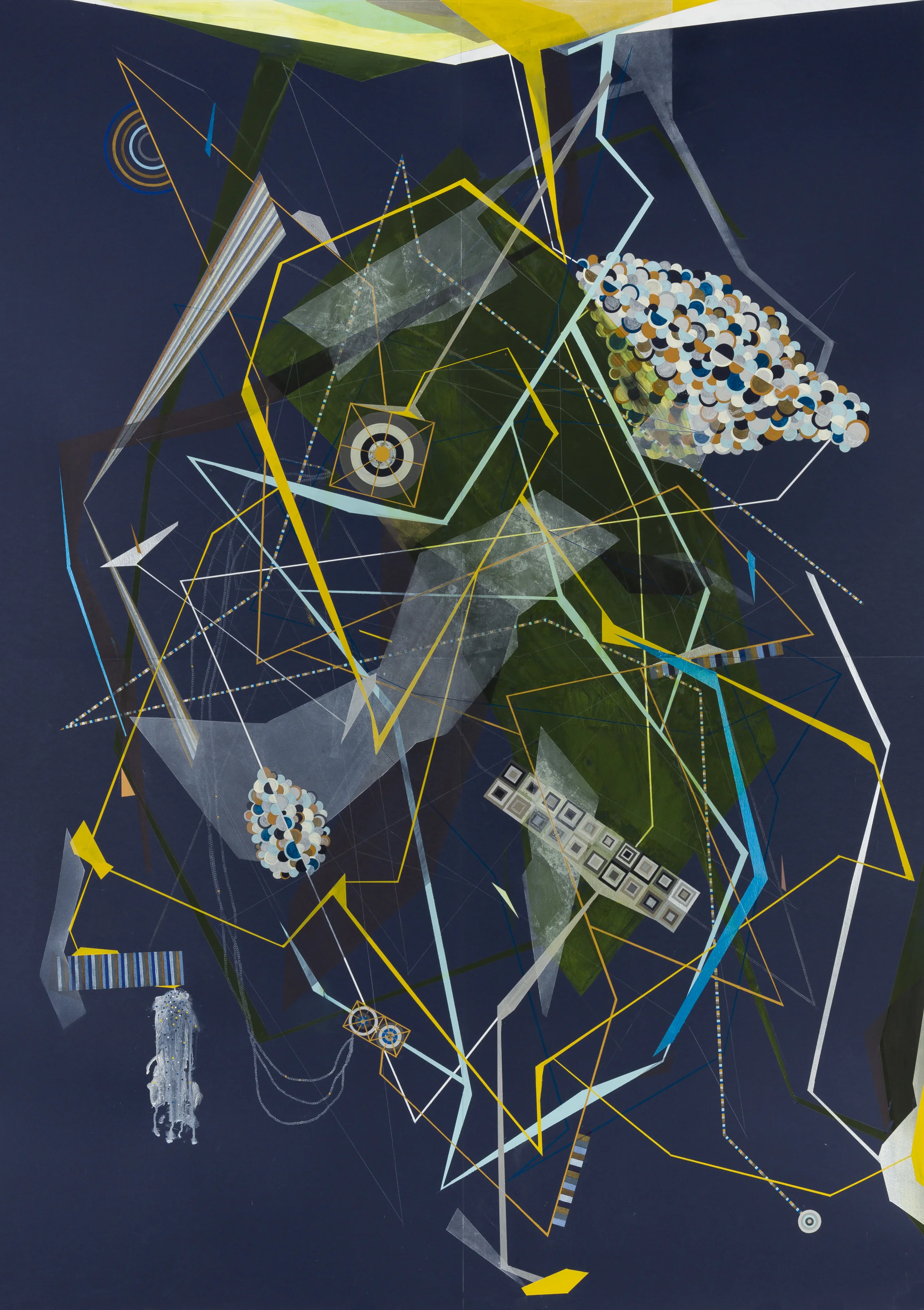 Blaiire: Suspended Blue City with Cobalt Fire Networks And Safety Routes in With Developments Contraption Forecasting Machine and Hollow Grey Velocity Transmitter with Tunnel Routes and Stations with Pipe Chrysalis Headquarters City Plan Tower Manifesto and Ecstatic White Metallic Mine Tunnels and Pantone Structure with Yellow Categories with Luminous Connectors and Lemon Elevator Structures - 2014-2015 - Pencil, ink, gouache, acrylic on Fabriano Murillo Paper - 55 x 79 in.