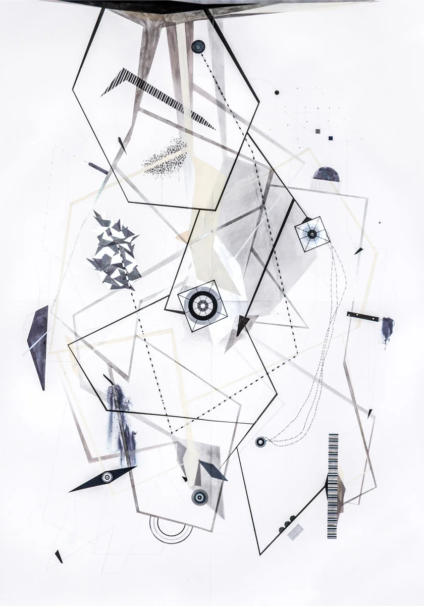Titanoran: Machine Language and Mechanics Of the Geo Architecture With Utopian Structure and White DISTURBANCE Code with Disaster Alerter and Forecast Station - 2016 - Pencil, ink, gouache, acrylic on Fabriano Murillo Paper - 55 x 79 inches