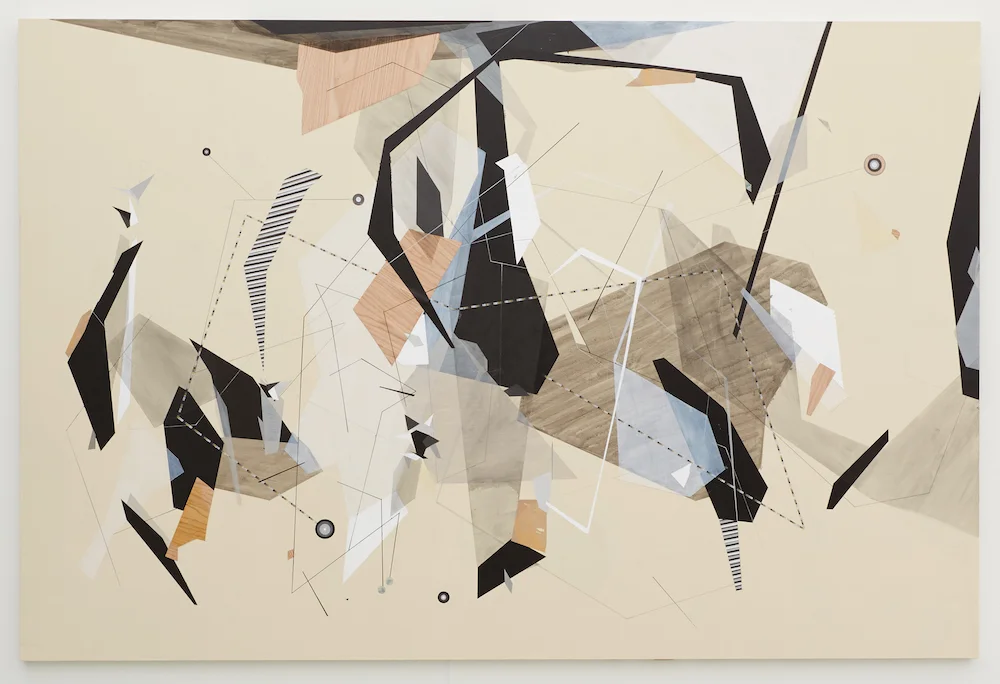 Zuunmod: Cream Transmitter Headquarters with Forecasted Love Algorithm and Ghost Diagram for Beauty and Accidents; Color Manifesto with Magnetic Black Mapping Categories and Beauty Connectors with Wooden Elevator Other Secret World Structures (IC) - 2015 - Wood veneer, acrylic, ink, graphite, mixed collage - 72 x 108 in.