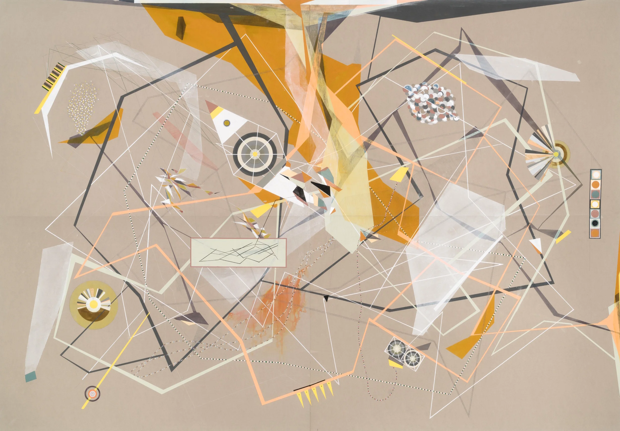 Linear Momentum and Collisions - 2016 - Gouache, ink, colored pencil, graphite and pastel on Fabriano Murillo paper - 55 x 79 in.