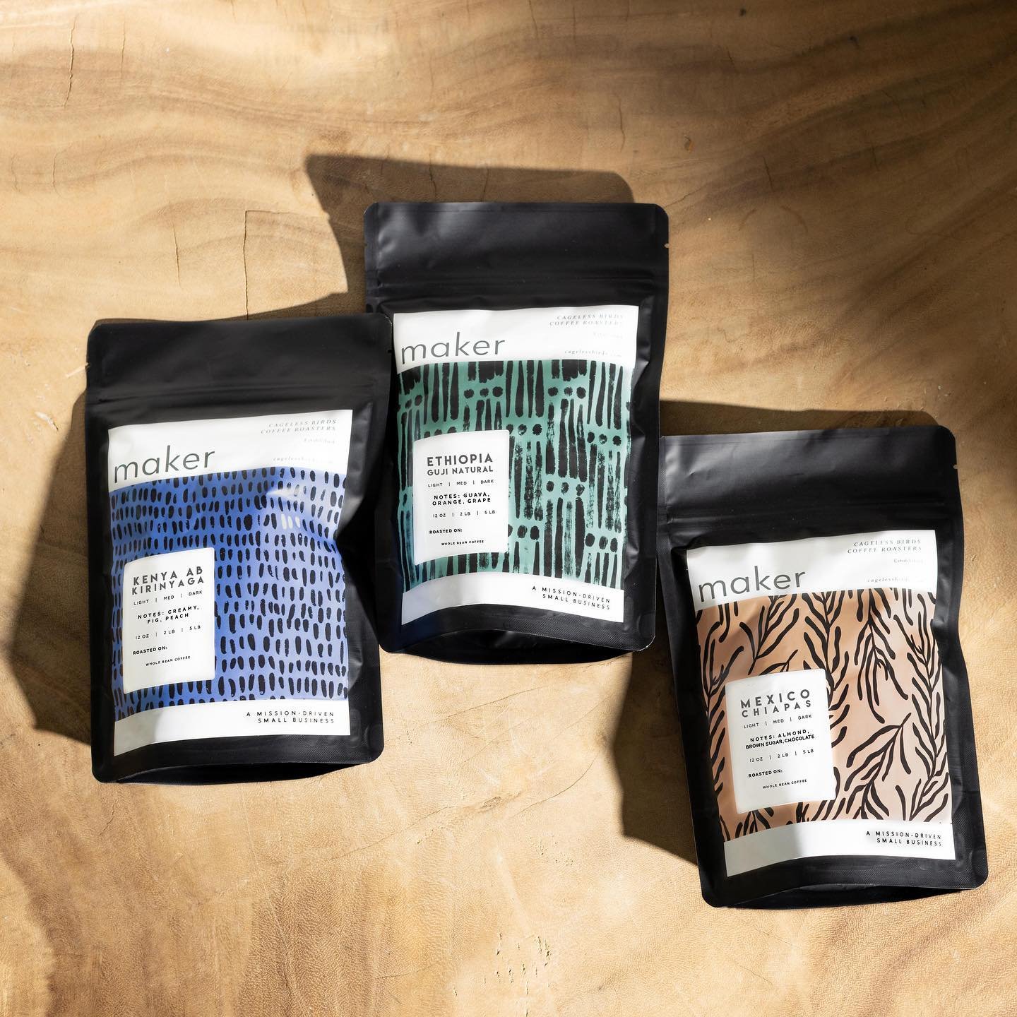 Check out our NEW @makercoffee labels! ☕️ You can get 3 of our favorite single-origin coffees from around the world in our Tasting Trio sampling set. 

Our bags are designed and our coffee is roasted in the heart of North Carolina by our @cagelessbir
