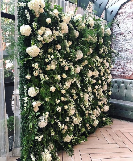 White and Green Floral Boxwood Wall