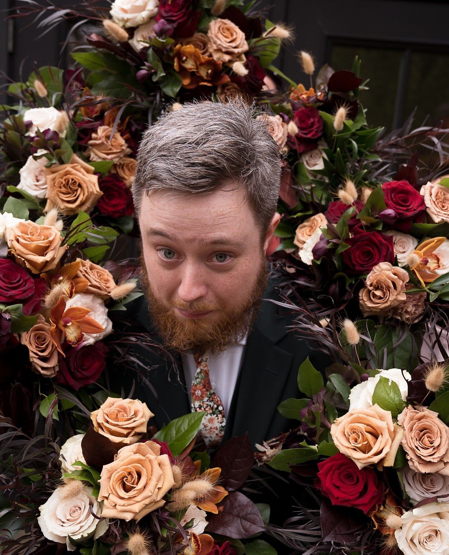 Now Alex didn't want to be left out of the fun&mdash;the groom showing off in this stunning display of floral! ⁠
&bull;⁠
&bull;⁠
&bull;⁠
&bull;⁠
| Floral &amp; Event Design: @clflorals |⁠
| Photographer: @brewerphotographystudio |⁠
| Venue: @jorgense