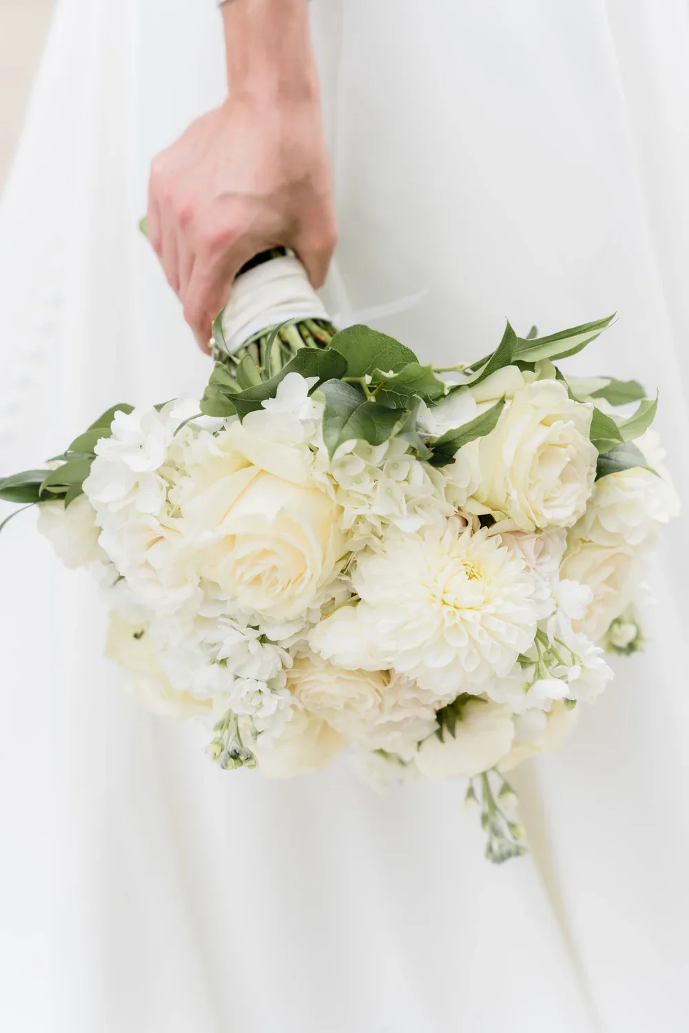 Bridal Bouquet of White Roses and Dahlias