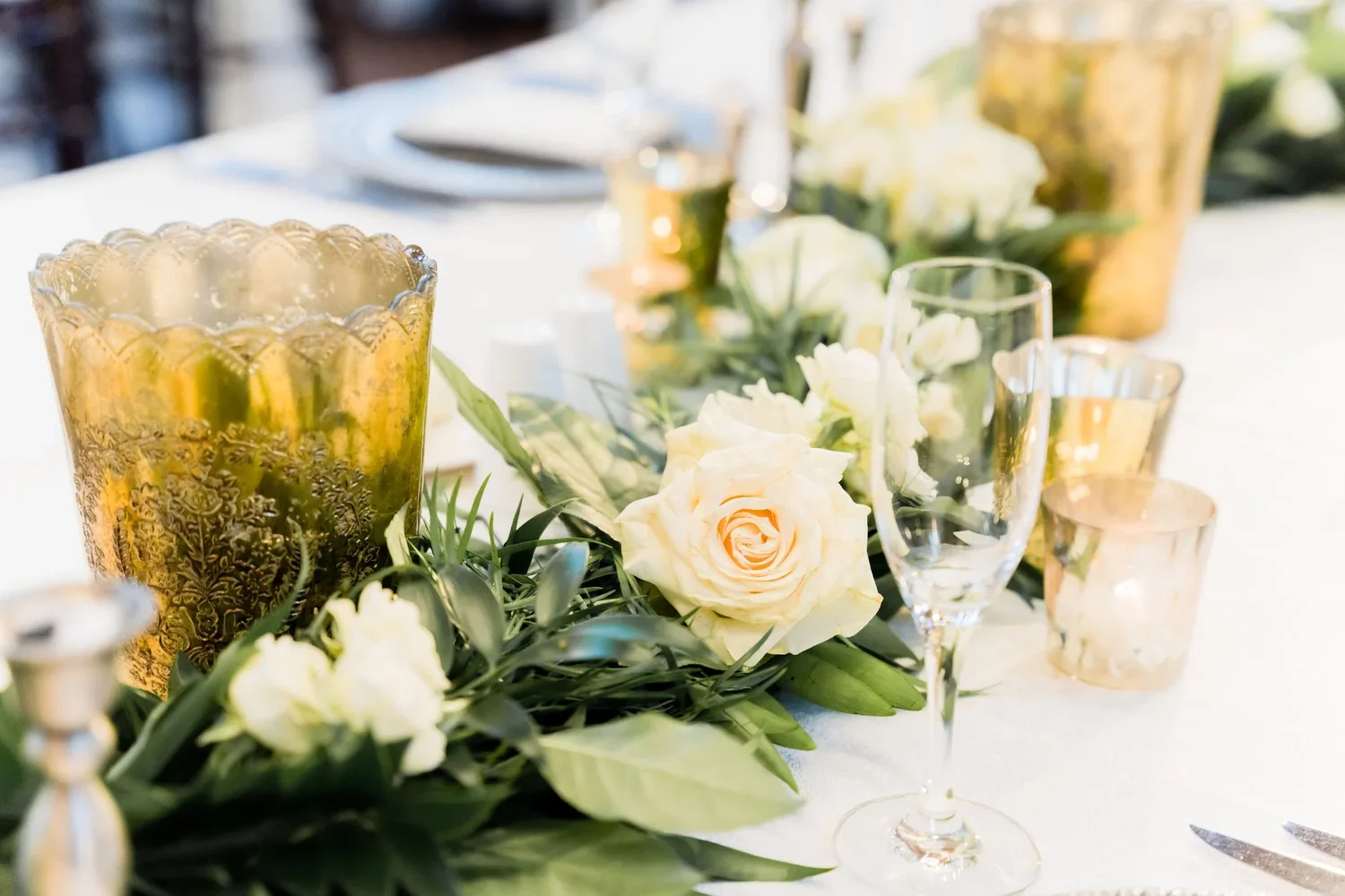 Reception Table Decor with White Roses and Candlelight