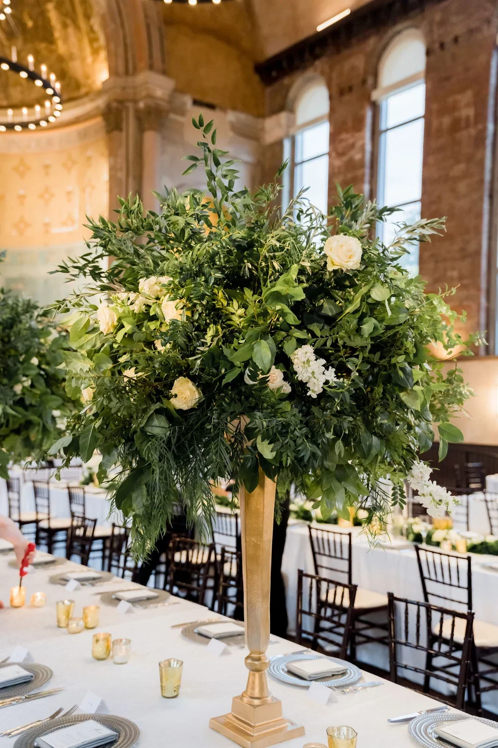 Tall Green and White Hydrangea Centerpiece in Gold Vase
