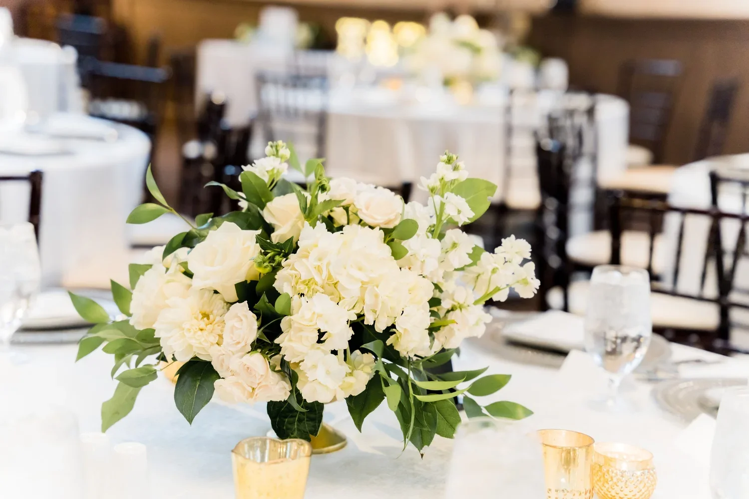 Low White Hydrangea and Rose Centerpiece