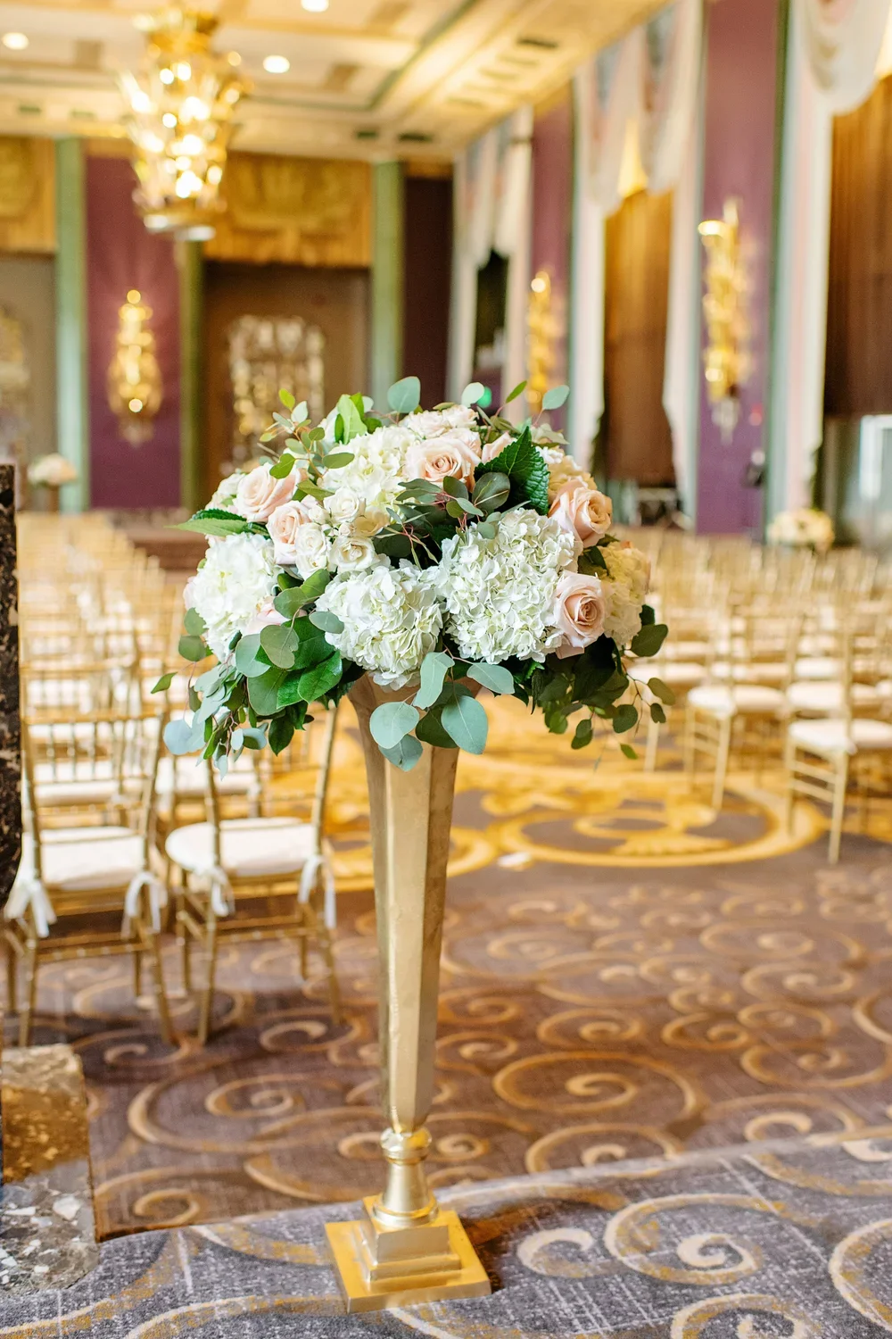 Tall Hydrangea and Rose Arrangement at The Hilton Netherland Plaza Ceremony