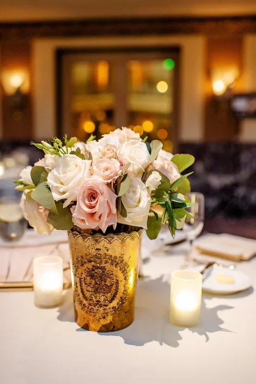 Gold Compote Centerpiece with Romantic Roses