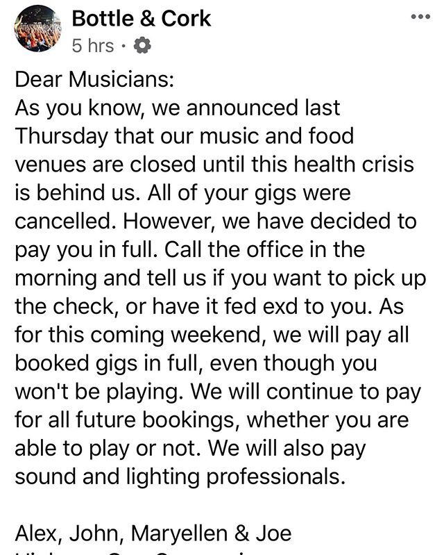 While we haven&rsquo;t played @bottleandcork in Dewey, DE yet (we&rsquo;d love to in the future) we commend them for this policy and hope others in the industry will follow their lead! #bottleandcork #deweybeach #firststate #livemusic #covid19 #socia