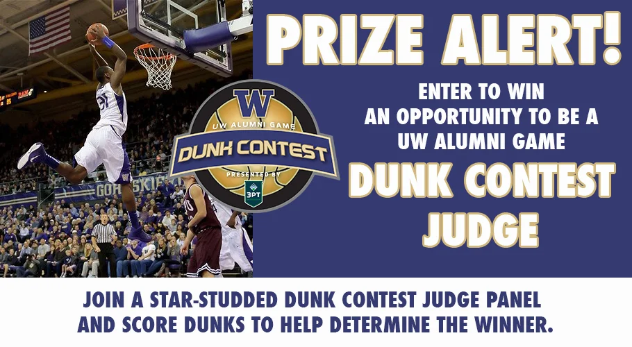 The graphic from the UW Alumni Game Dunk Contest Judge Fan Experience giveaway promoted on Facebook.