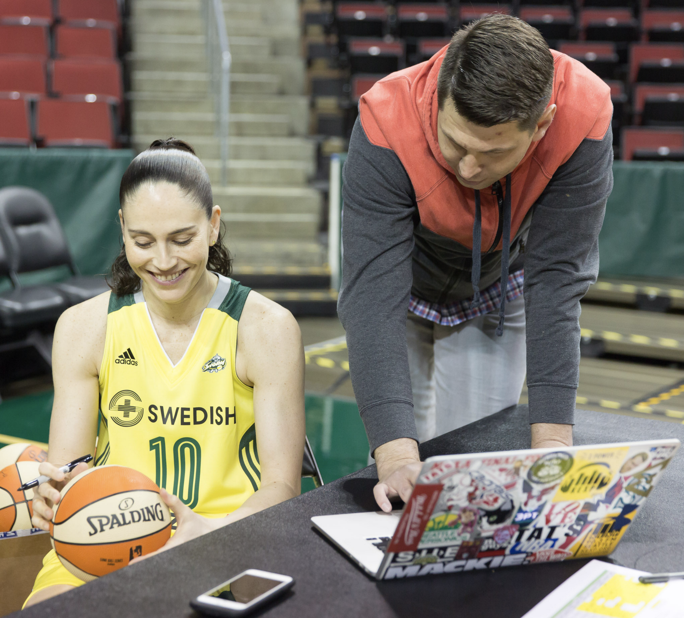 Sue Bird chuckles as we review some of her lines from a 'Fake News Report' script. (Neil Enns/Storm)