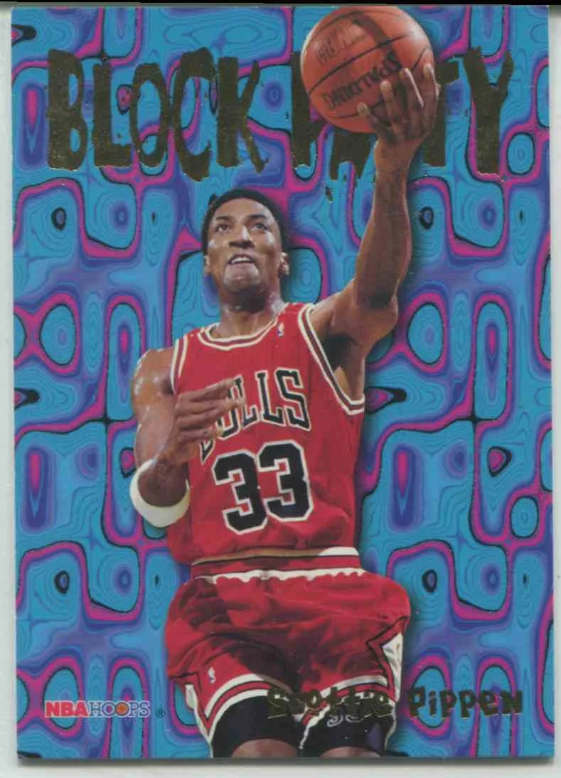From the 95’-96’ NBA Hoops Block Party set, my most coveted Scottie Pippen card. That’s a strong lay-up.