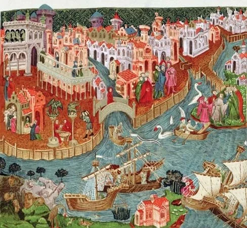 Marco Polo sailing from Venice in 1271, detail from an illuminated manuscript, c. 15th century; in the collection of the Bodleian Library, Oxford, United Kingdom.