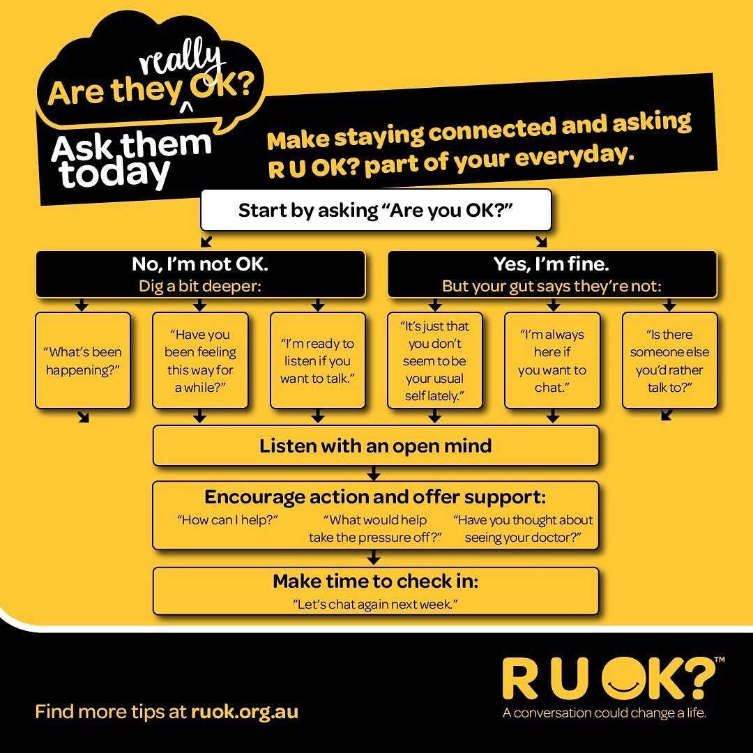 Today is R U OK? Day, a reminder to start a conversation that could change a life - not just tomorrow, but any day it's needed.

Learn how to ask, and what to say if someone says they aren't OK.

Visit www.ruok.org.au/how-to-ask (link in bio) to lear