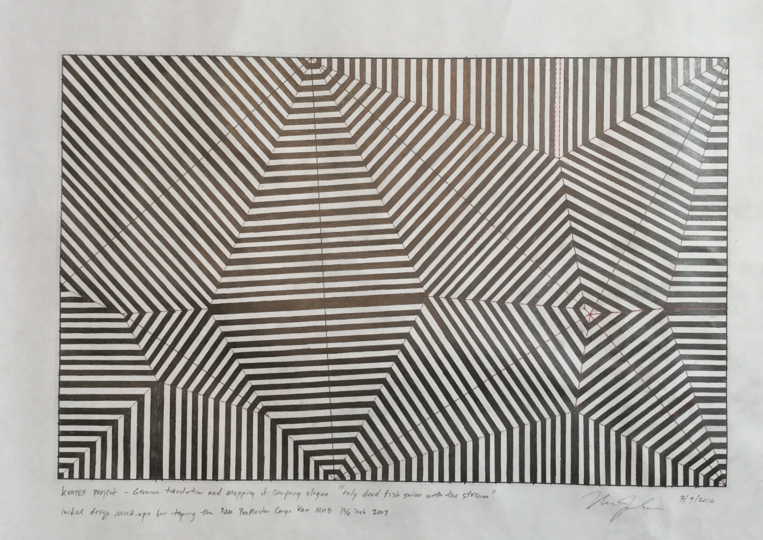 Final design realized in two dimensions. Lines that flow through the entire design were realized in red tape; the rest of the lines were in grey tape.