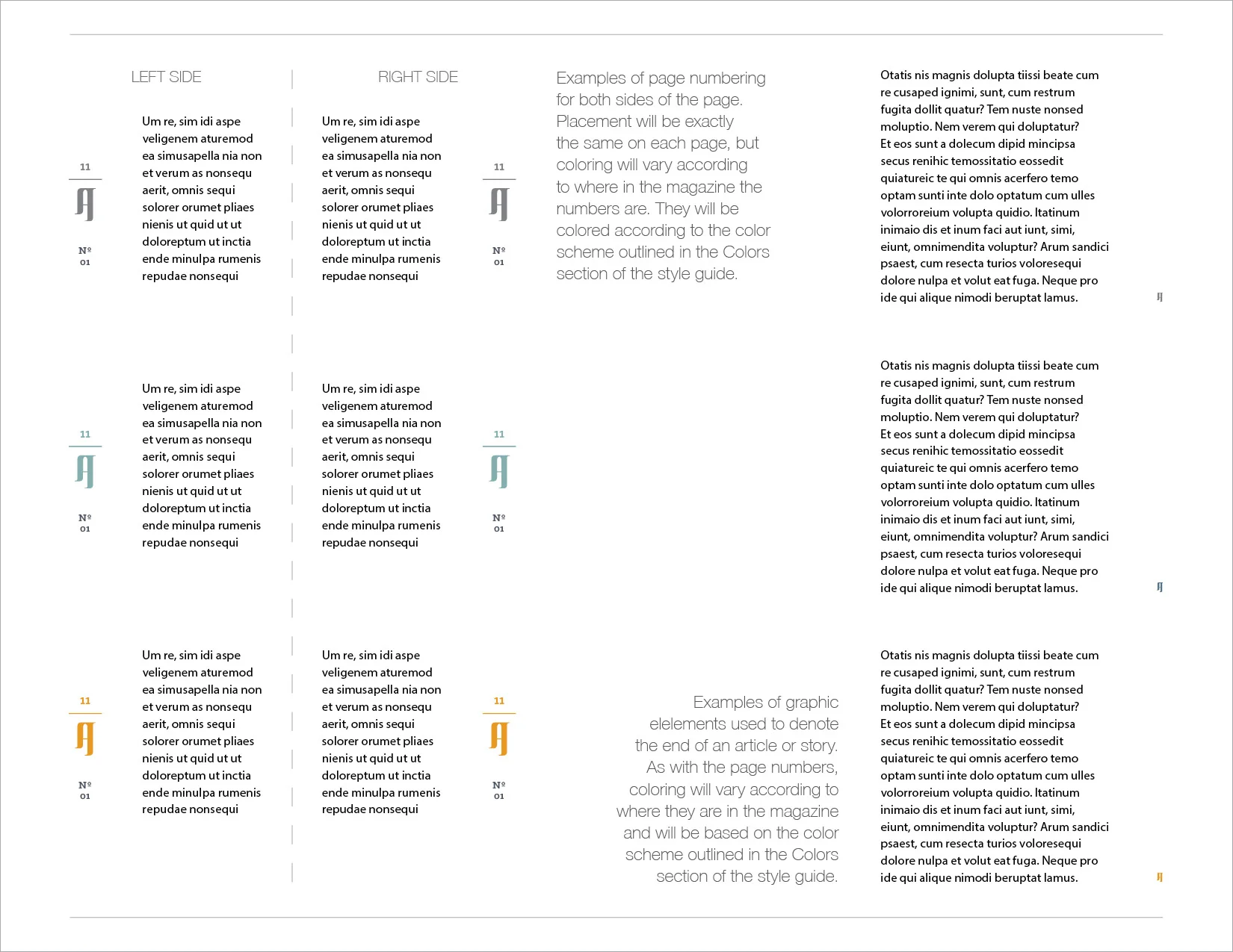 A PAGE OF THE STYLE GUIDE CREATED FOR THE MAGAZINE WITH DESIGN ELEMENTS TO BE USED THROUGHOUT