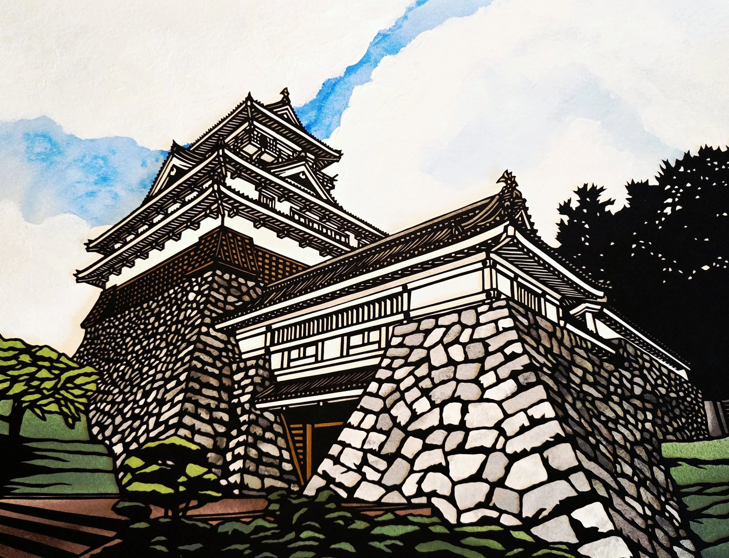 Kaminoyama Castle | 16” x 20” | Papercutting and Watercolour