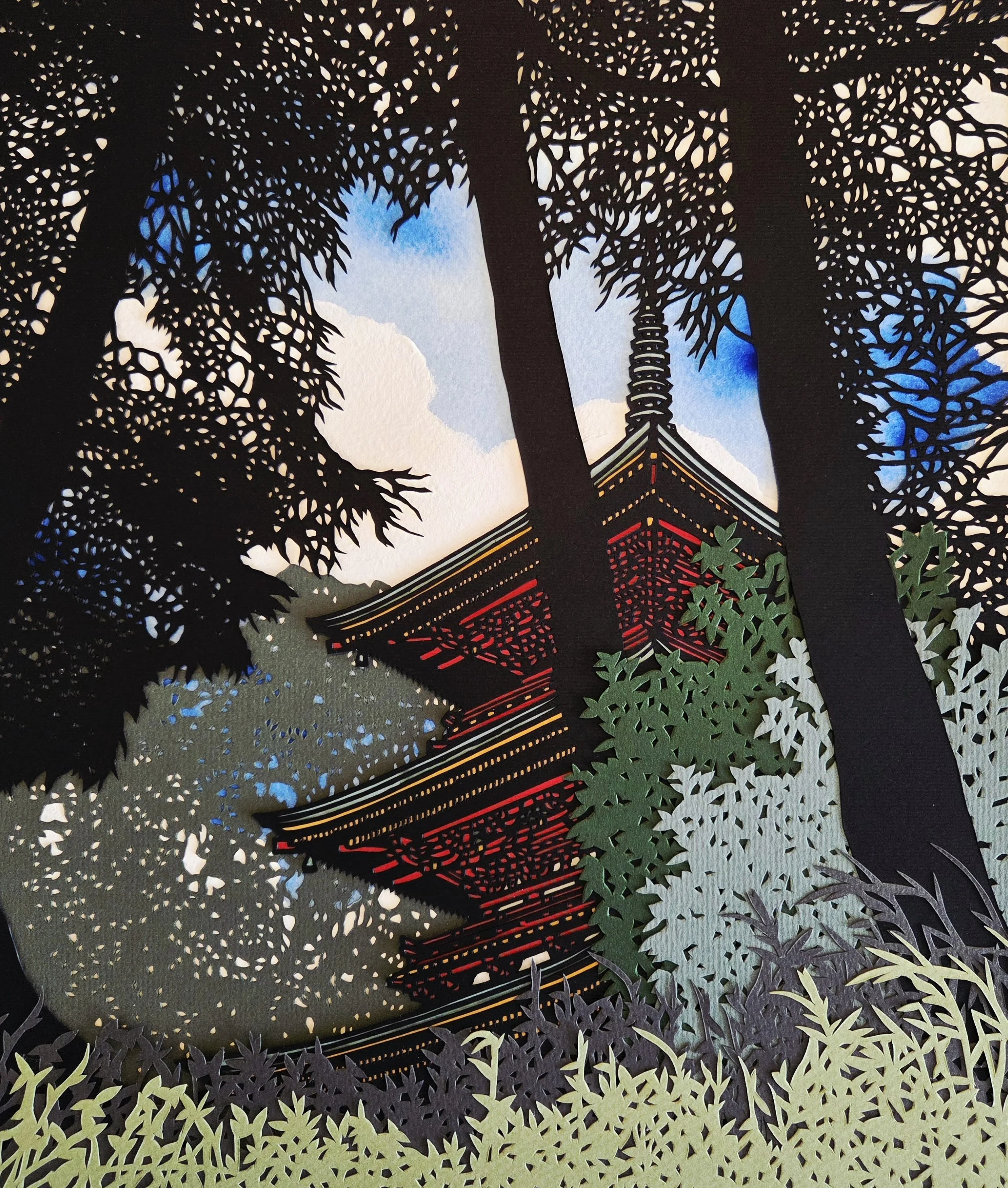 Koshoji Temple Pagoda | 16” x 20” | Papercutting and Watercolour