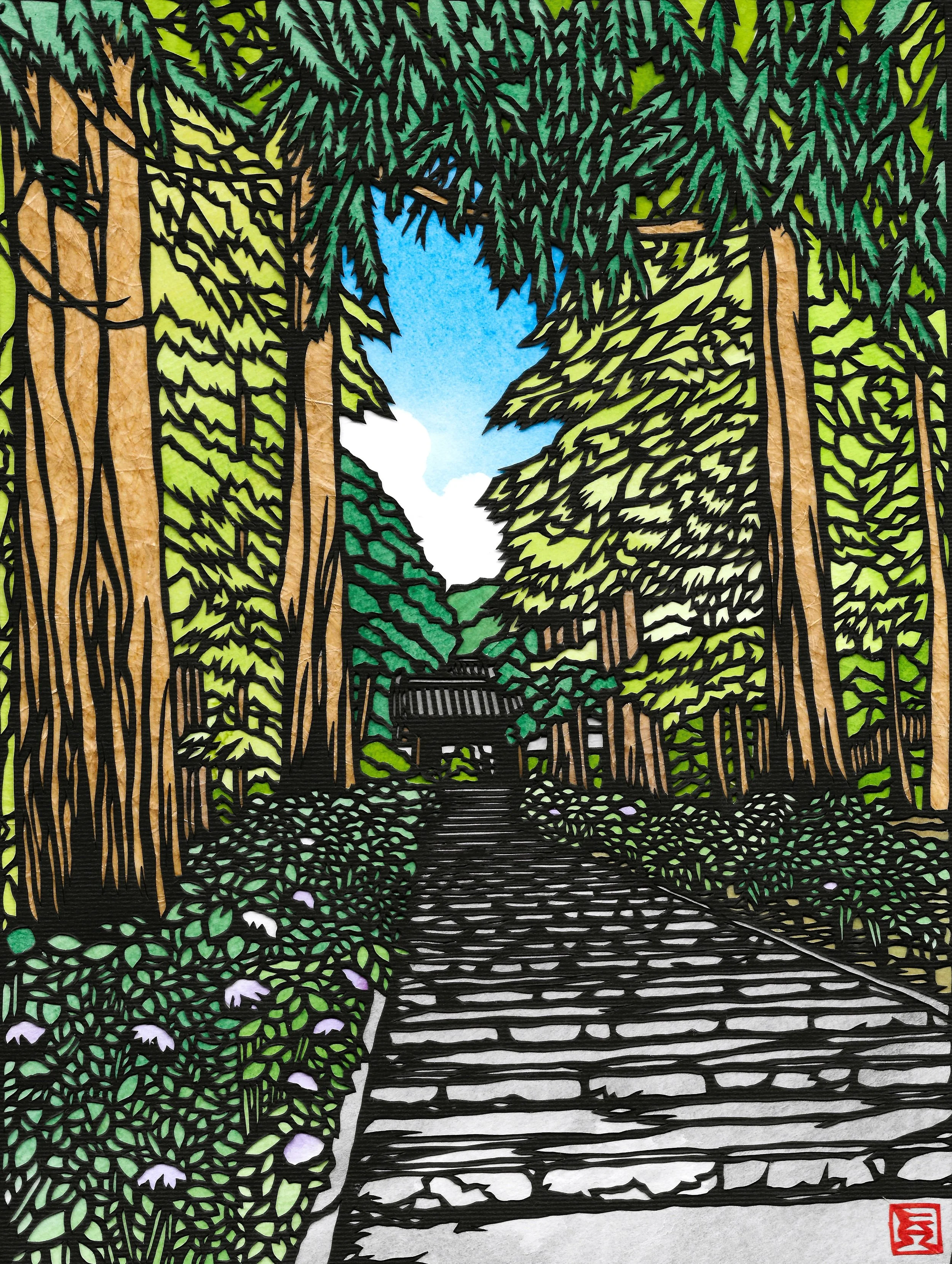 Daichuji Temple Stairs | 11" x 14” | Papercutting and Watercolour